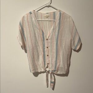 Linen Striped Button-Down Tie-Front Blouse